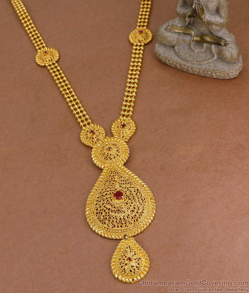 Latest Bridal Wear Gold Imitation Long Haram Design With Ruby Stone HR3583