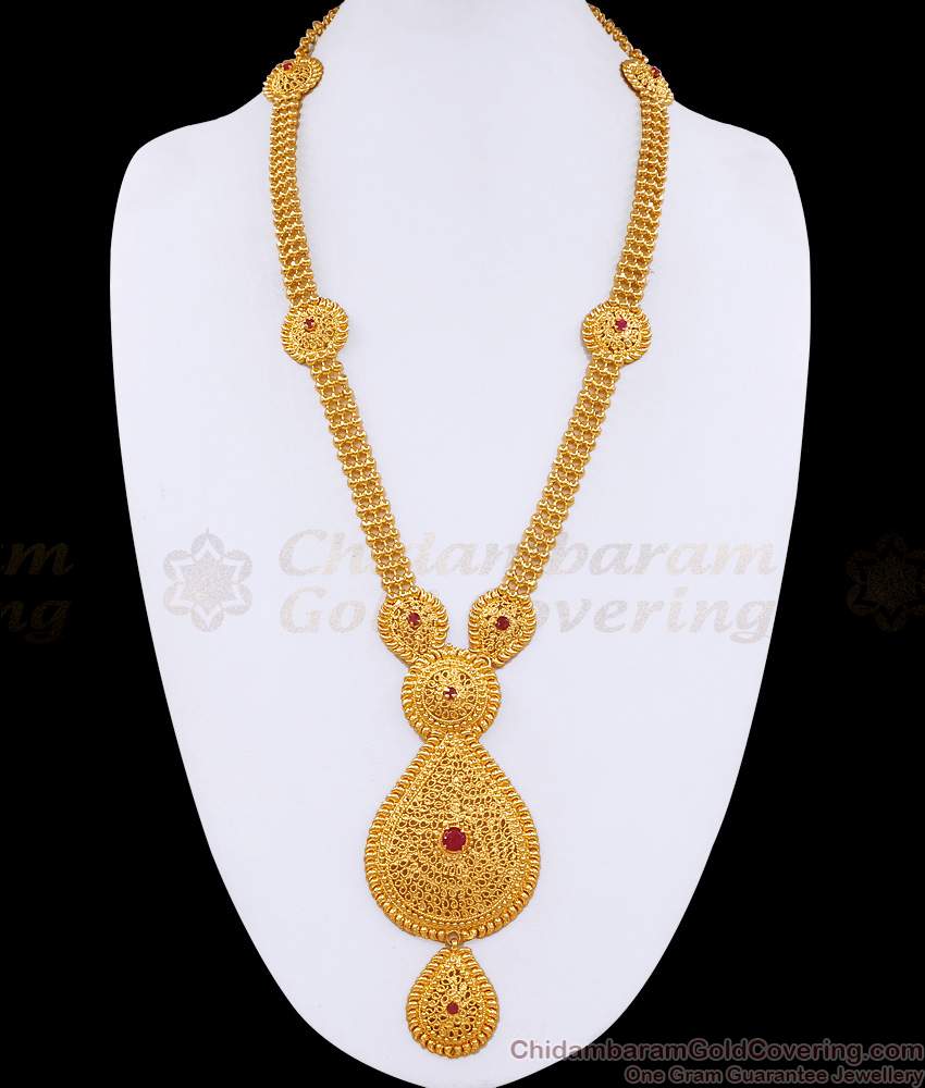 Latest Bridal Wear Gold Imitation Long Haram Design With Ruby Stone HR3583