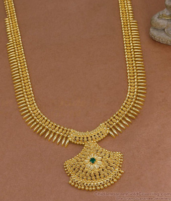 Premium Quality 1 Gram Gold Mullai Mottu Haram With Green Stone For Brides HR3593