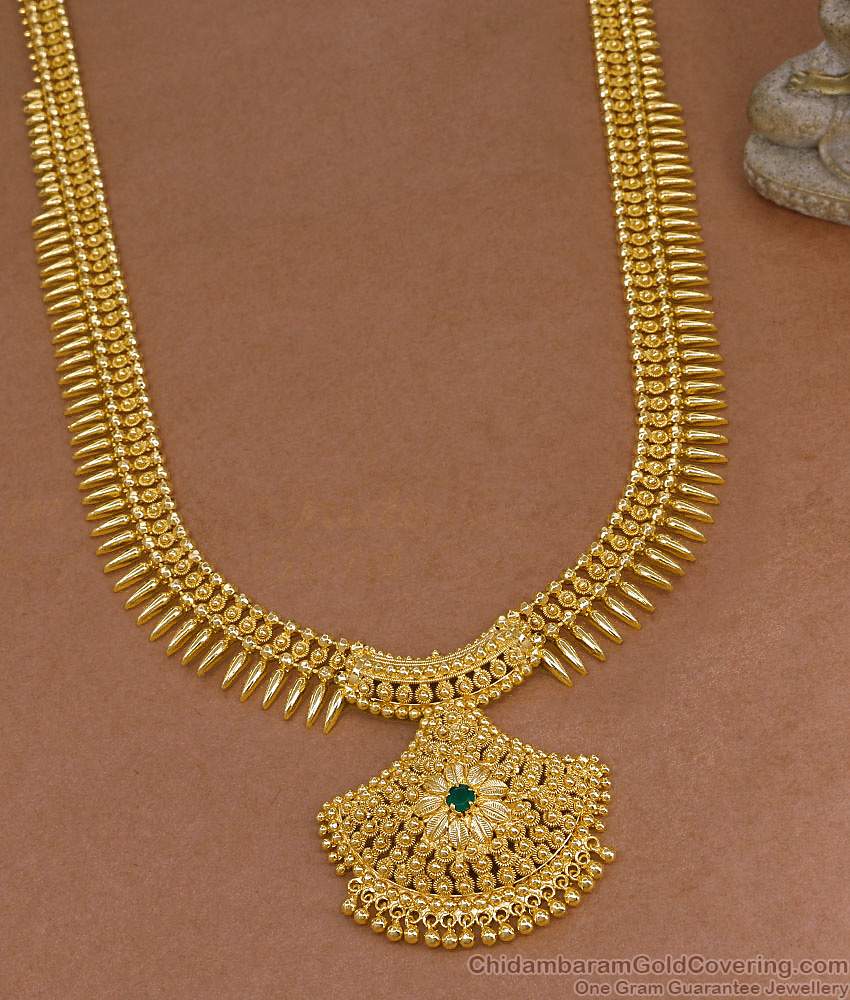 Premium Quality 1 Gram Gold Mullai Mottu Haram With Green Stone For Brides HR3593 Premium Quality 1 Gram Gold Mullai Mottu Haram With Green Stone For Brides HR3593