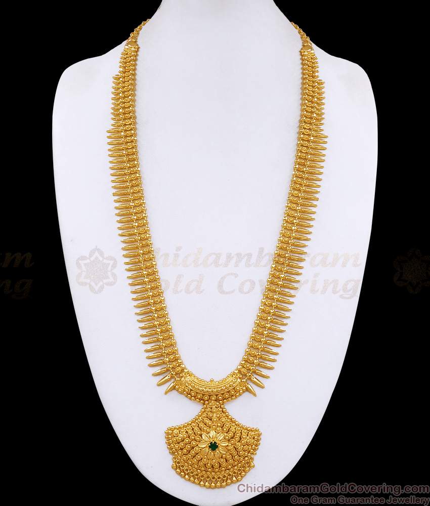 Premium Quality 1 Gram Gold Mullai Mottu Haram With Green Stone For Brides HR3593 Premium Quality 1 Gram Gold Mullai Mottu Haram With Green Stone For Brides HR3593