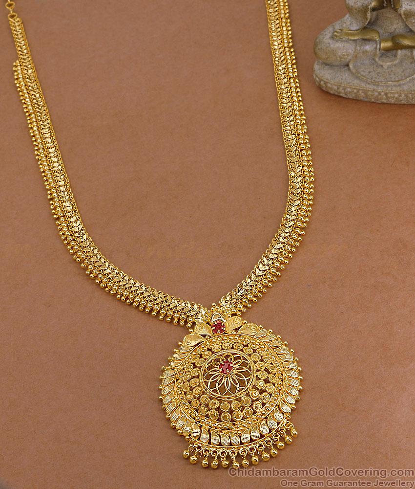 Grand Bridal Wear Ruby Stone Gold Plated Haram Flower Design HR3617