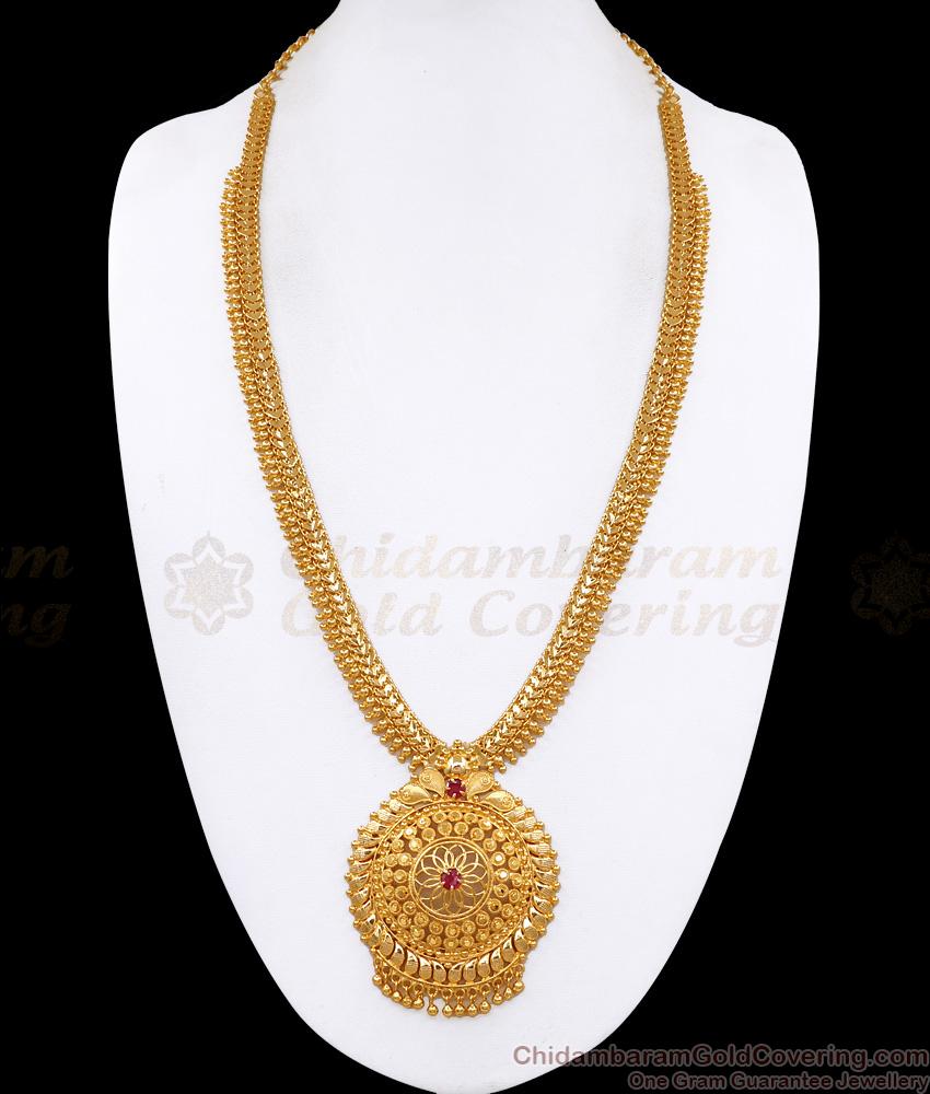 Grand Bridal Wear Ruby Stone Gold Plated Haram Flower Design HR3617