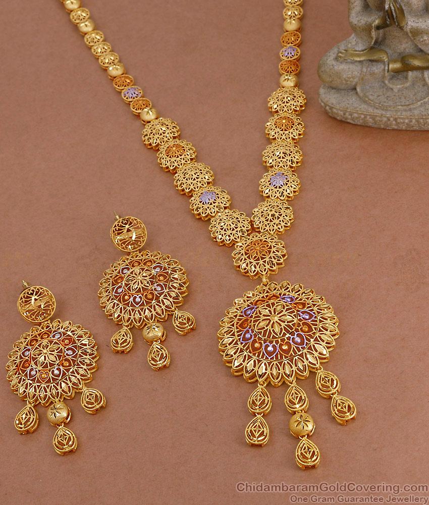 Premium Quality Floral Design Enamel Pattern Forming Gold Haram Combo Set HR3622 Premium Quality Floral Design Enamel Pattern Forming Gold Haram Combo Set HR3622