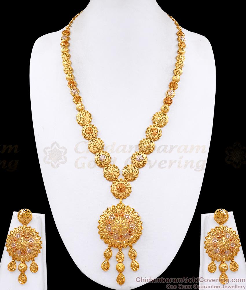 Premium Quality Floral Design Enamel Pattern Forming Gold Haram Combo Set HR3622 Premium Quality Floral Design Enamel Pattern Forming Gold Haram Combo Set HR3622