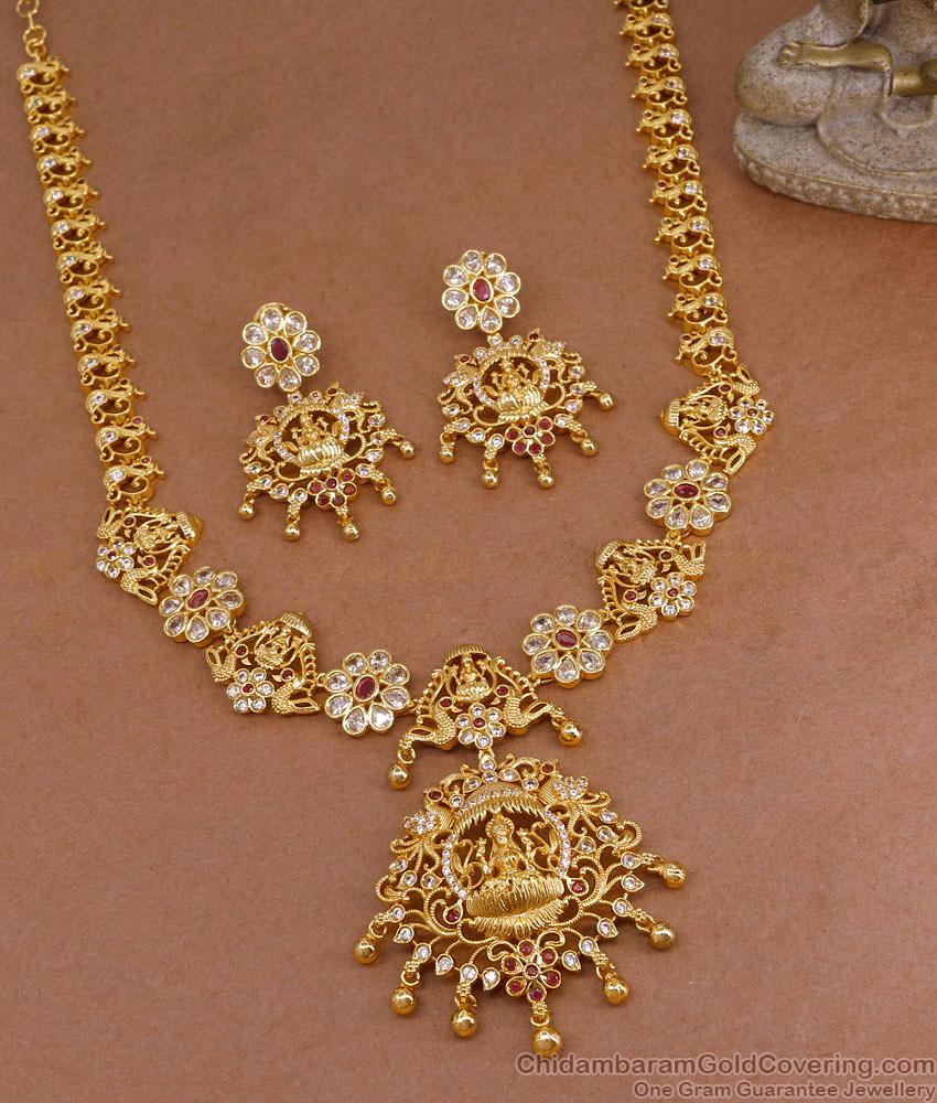 Premium Quality Micro Gold Plated Lakshmi Haram With Earring For Wedding HR3626 Premium Quality Micro Gold Plated Lakshmi Haram With Earring For Wedding HR3626