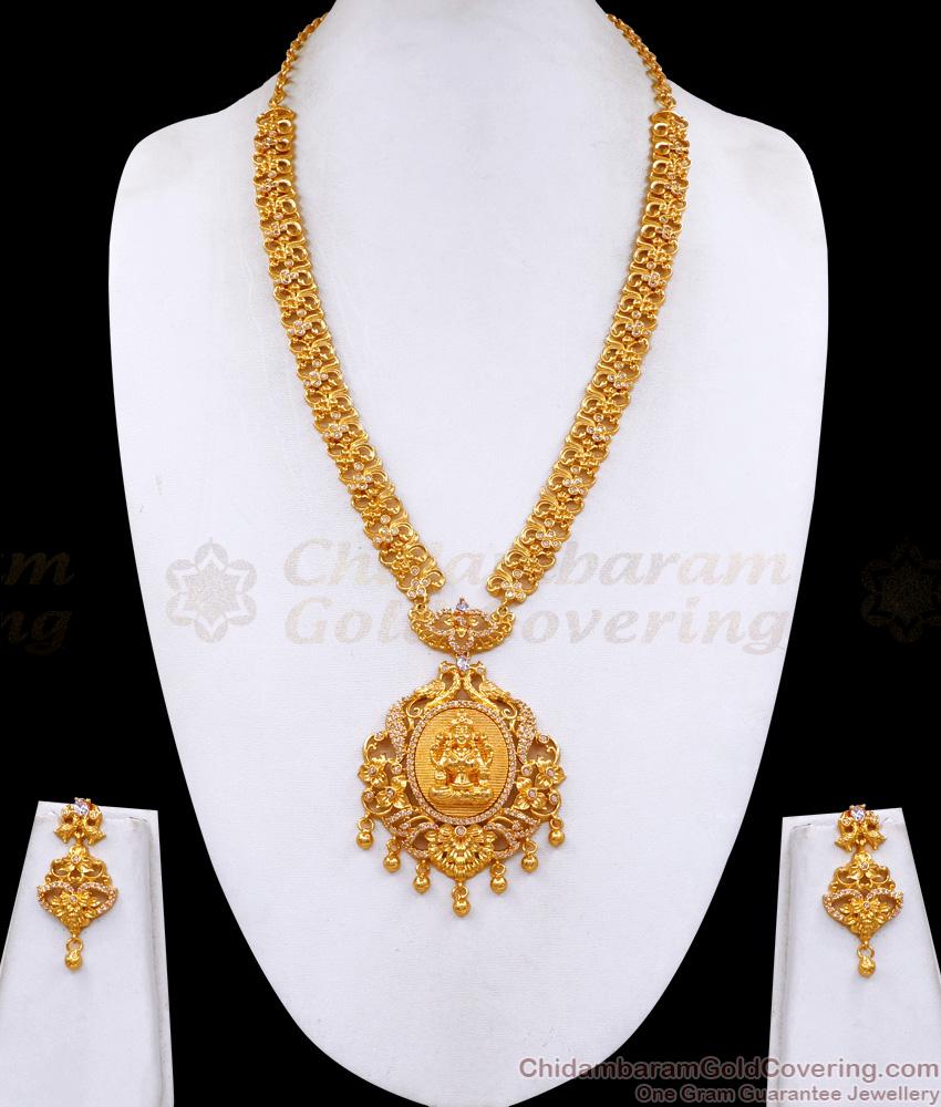Big Lakshmi Pendant Gold Imitation Peacock Haram With Matching Earrings HR3628 Big Lakshmi Pendant Gold Imitation Peacock Haram With Matching Earrings HR3628