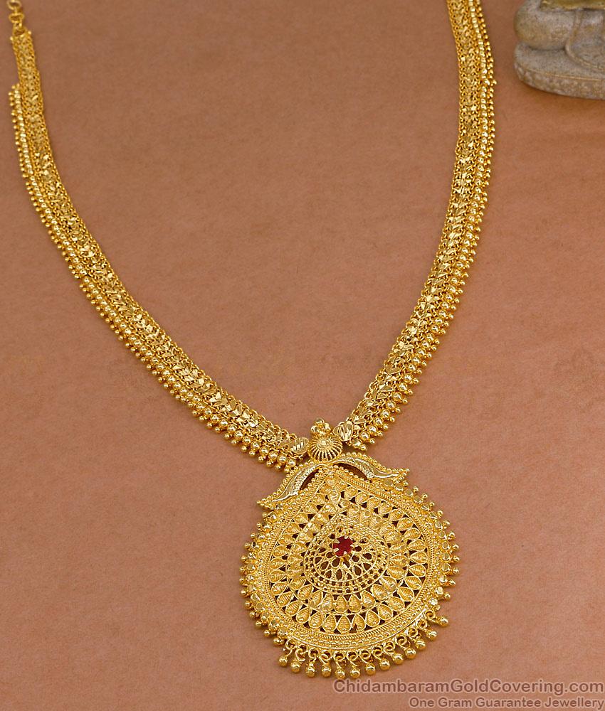 Buy Latest Gold Beaded Kerala Bridal Haram With Ruby Stone Design Online HR3633