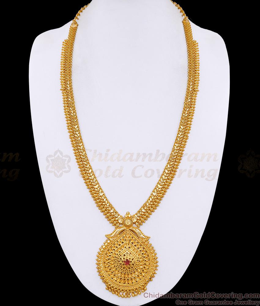 Buy Latest Gold Beaded Kerala Bridal Haram With Ruby Stone Design Online HR3633