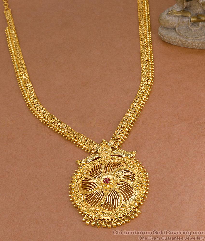 Grand Look Single Ruby Stone Gold Imitation Long Haram Design For Brides HR3635