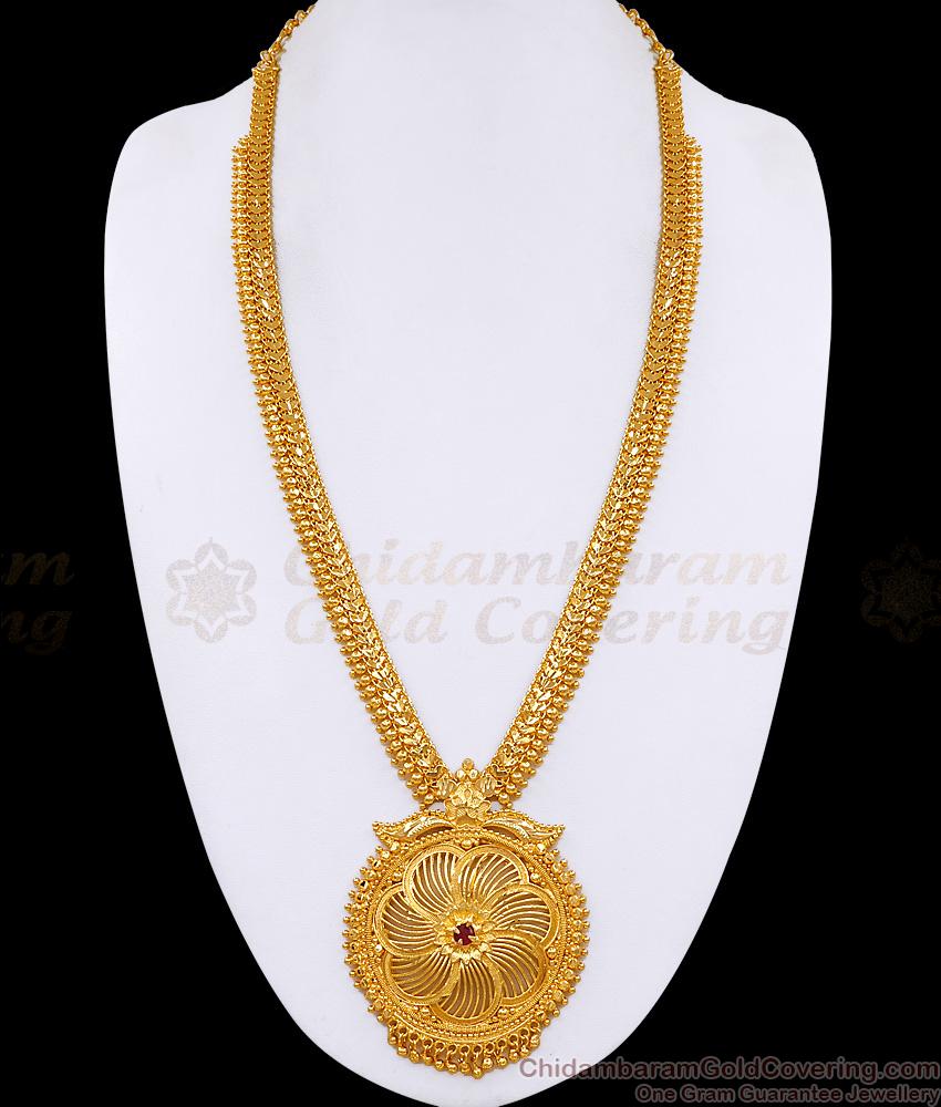 Grand Look Single Ruby Stone Gold Imitation Long Haram Design For Brides HR3635