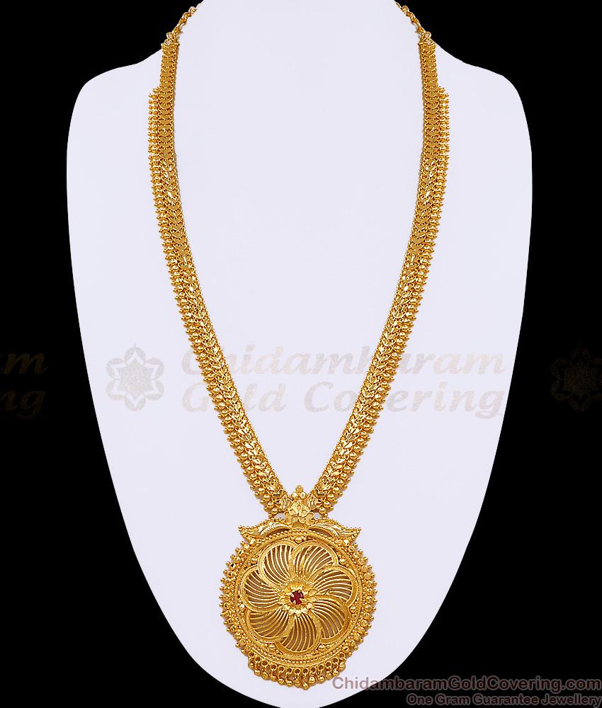 Grand Look Single Ruby Stone Gold Imitation Long Haram Design For Brides HR3635