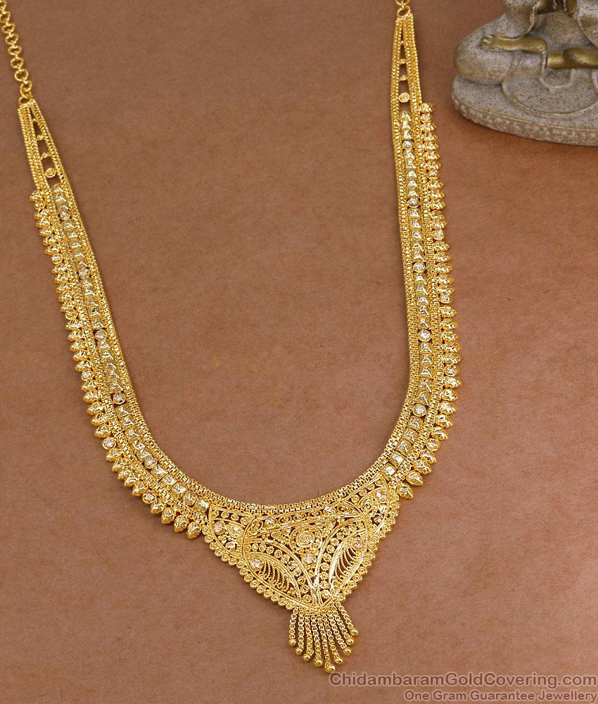 New Model Calcutta Pattern Gold Plated Haram With White Stone For Wedding HR3646