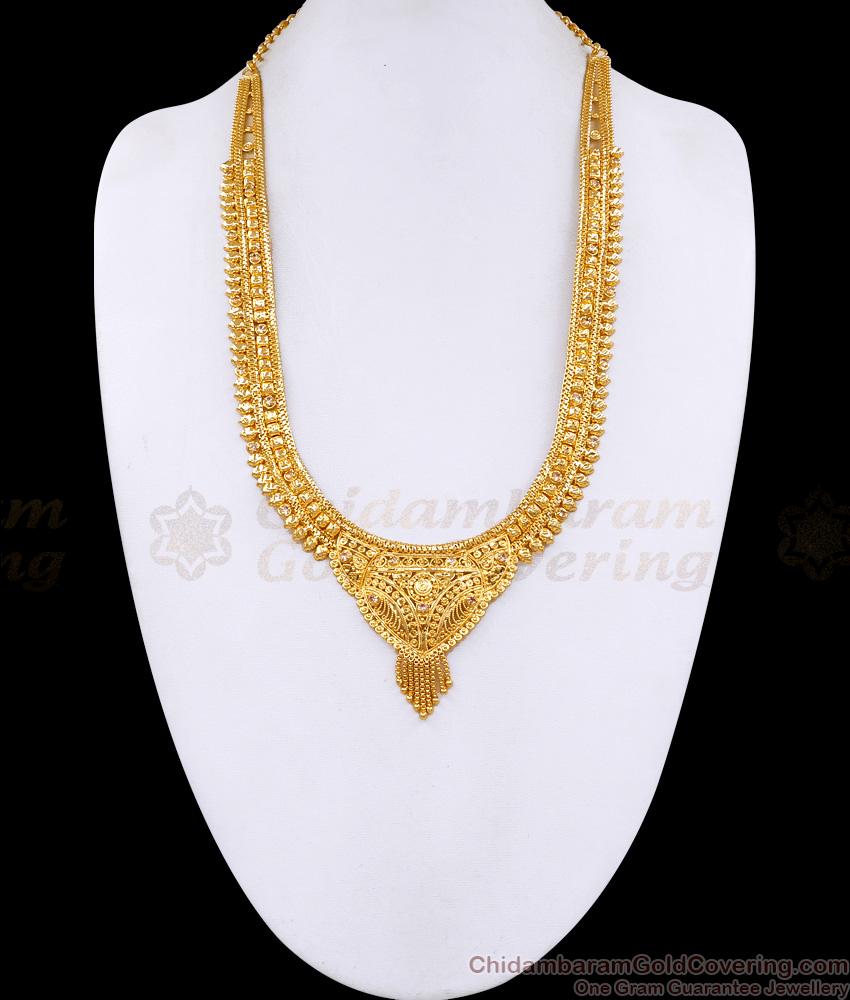 New Model Calcutta Pattern Gold Plated Haram With White Stone For Wedding HR3646