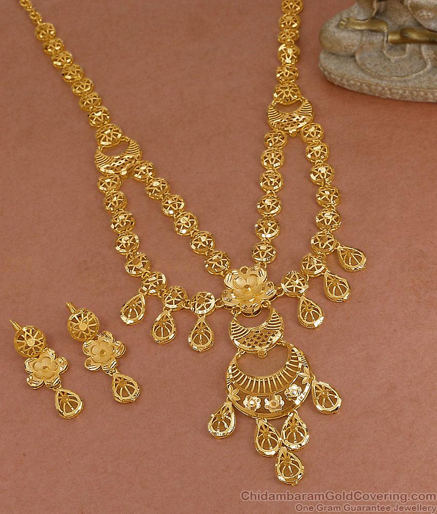 Grand Bridal Wear Dubai Gold Haram Combo Set Two Line Floral Charm Design HR3650