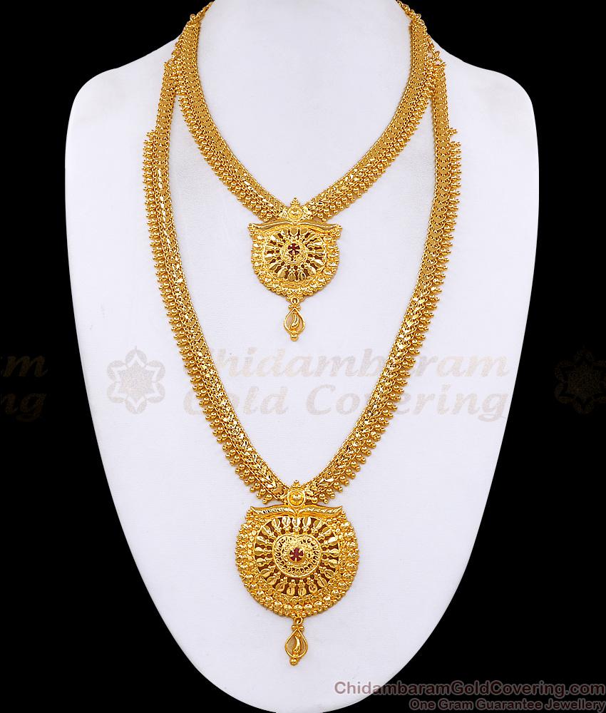 Traditional Micro Gold Plated Ruby Stone Haram Combo Bridal Set For Women HR3663