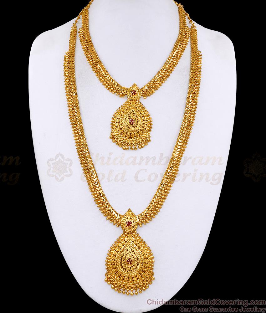 Latest Droplet Design 1 Gram Gold Haram Necklace Set With Ruby Stone HR3665