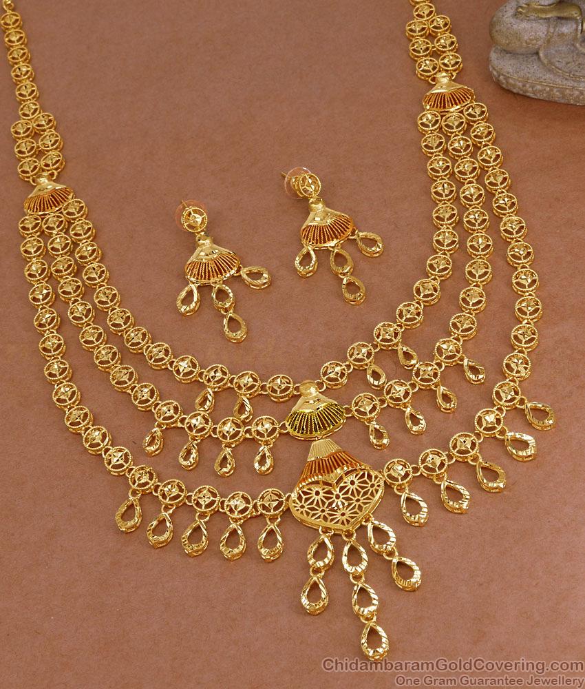 Luxurious Dubai Gold Three Line Haram Set For Bridal Wear HR3680 Luxurious Dubai Gold Three Line Haram Set For Bridal Wear HR3680