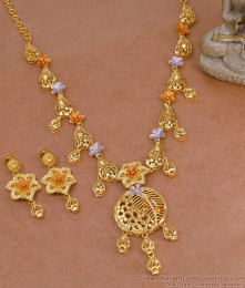 Latest Dual Tone Enamel Floral Design Two Gram Gold Forming Short Necklace Set HR3684