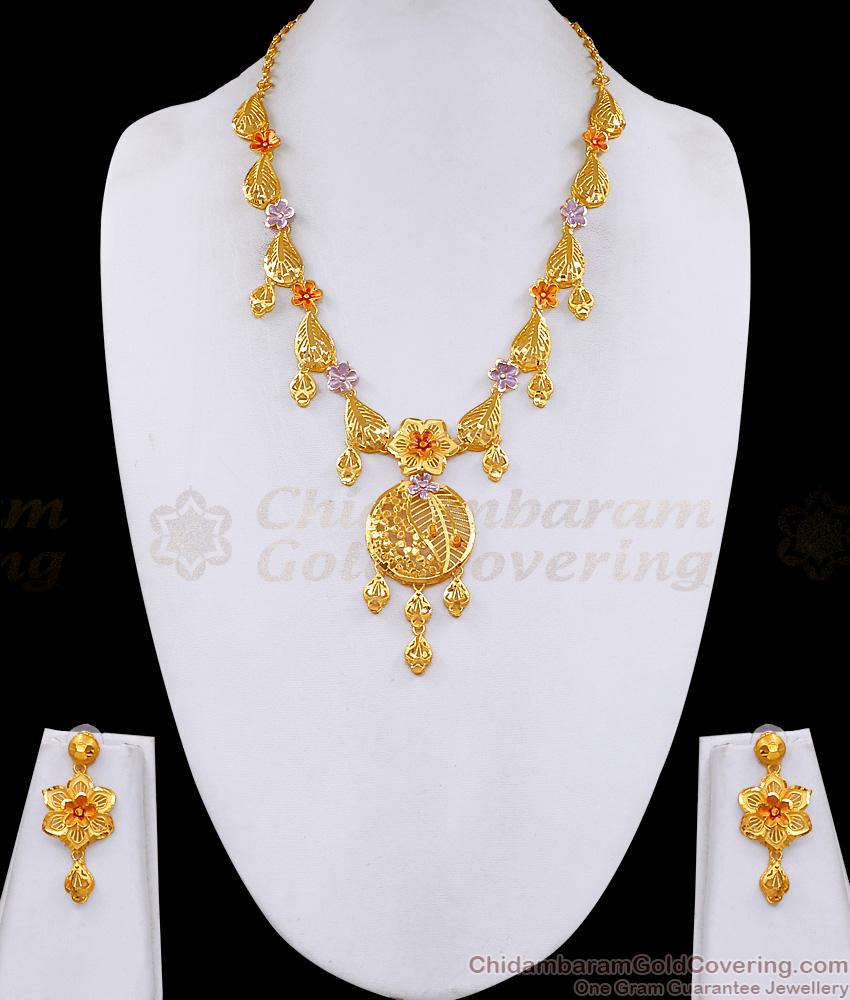 Latest Dual Tone Enamel Floral Design Two Gram Gold Forming Short Necklace Set HR3684