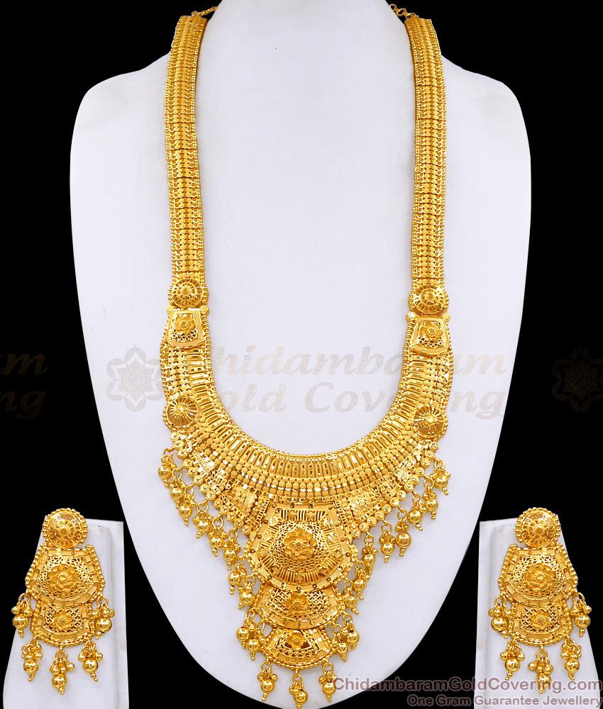 Premium Grand Forming Gold Long Bridal Haram Design With Earrings HR3685