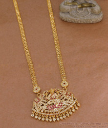 Traditional Ruby White Stone Impon Gajalakshmi Long Haram Design Online HR3691