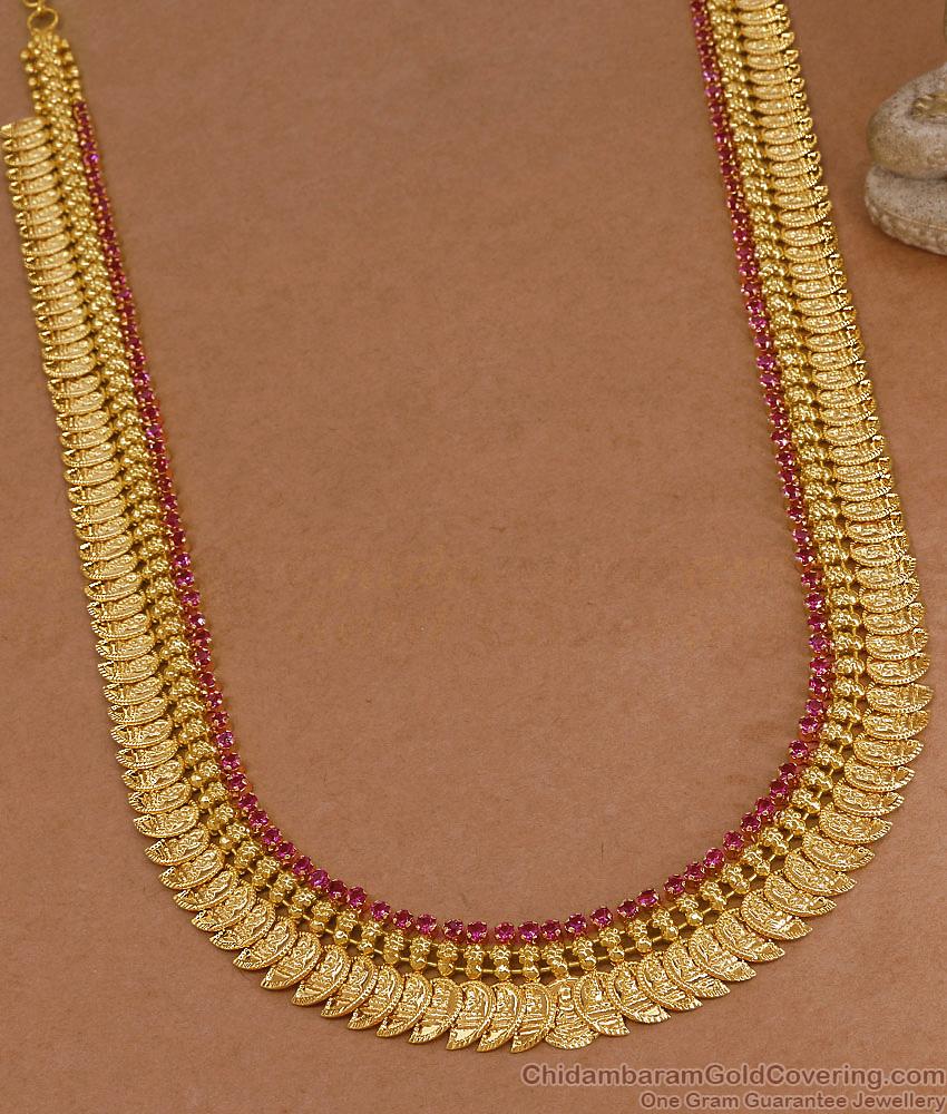 Premium Quality Micro Gold Plated Mango Lakshmi Coin Haram With Ruby Stone HR3706