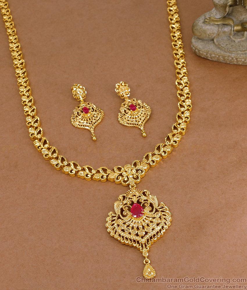 Trendy One Gram Gold Peacock Haram Set Ruby Stone Design HR3708