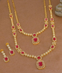Heavy Gold Plated Ruby Stone Long Diamond Haram Necklace Bridal Set HR3709