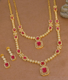 Heavy Gold Plated Ruby Stone Long Diamond Haram Necklace Bridal Set HR3709
