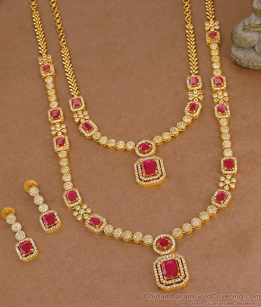 Heavy Gold Plated Ruby Stone Long Diamond Haram Necklace Bridal Set HR3709