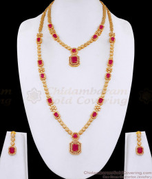 Heavy Gold Plated Ruby Stone Long Diamond Haram Necklace Bridal Set HR3709