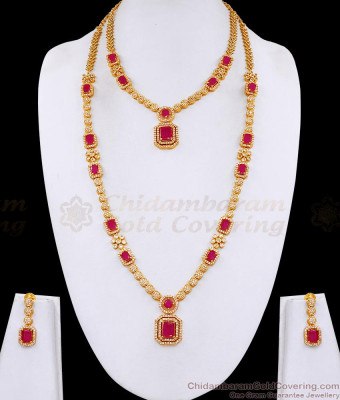 Heavy Gold Plated Ruby Stone Long Diamond Haram Necklace Bridal Set HR3709
