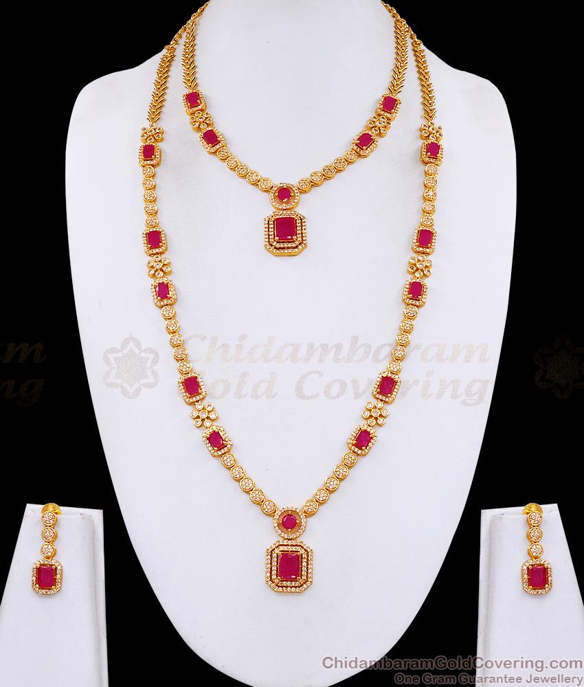 Heavy Gold Plated Ruby Stone Long Diamond Haram Necklace Bridal Set HR3709