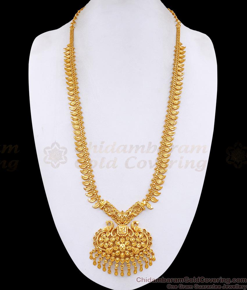 Beautiful One Gram Gold Long Mango Haram Peacock Pendant Design HR3720