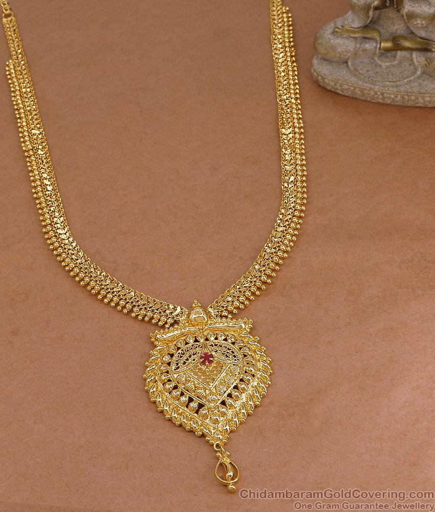 Traditional One Gram Gold Ruby Stone Haram Design For Wedding HR3727
