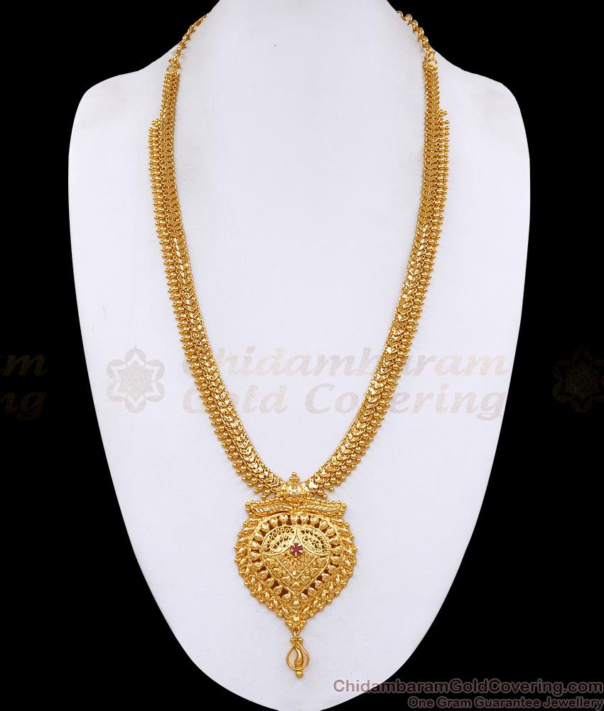 Traditional One Gram Gold Ruby Stone Haram Design For Wedding HR3727