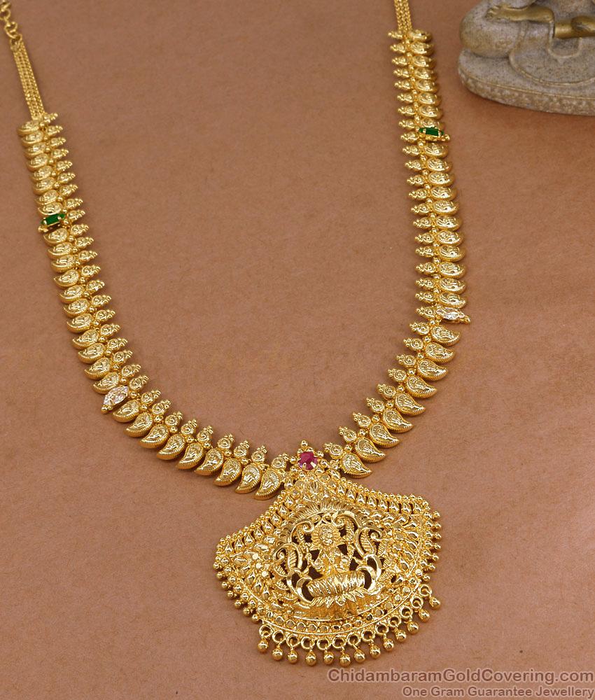 Beautiful Gold Imitation Mango Design Lakshmi Haram Design With Stone HR3728