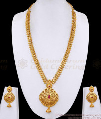 Traditional Mullaipoo Design 1 Gram Gold Haram Necklace Set With Ruby Stone HR3737
