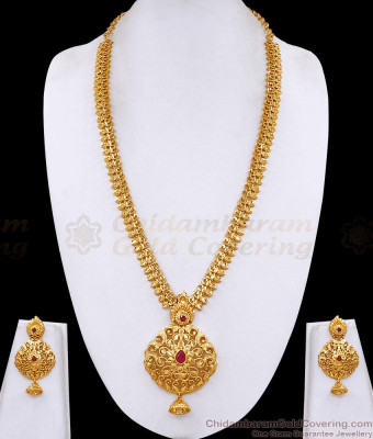 Traditional Mullaipoo Design 1 Gram Gold Haram Necklace Set With Ruby Stone HR3737