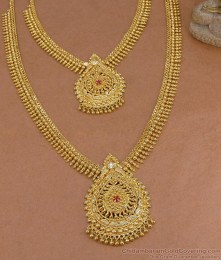 Traditional Mullaipoo Design 1 Gram Gold Haram Necklace Set With Ruby Stone HR3739