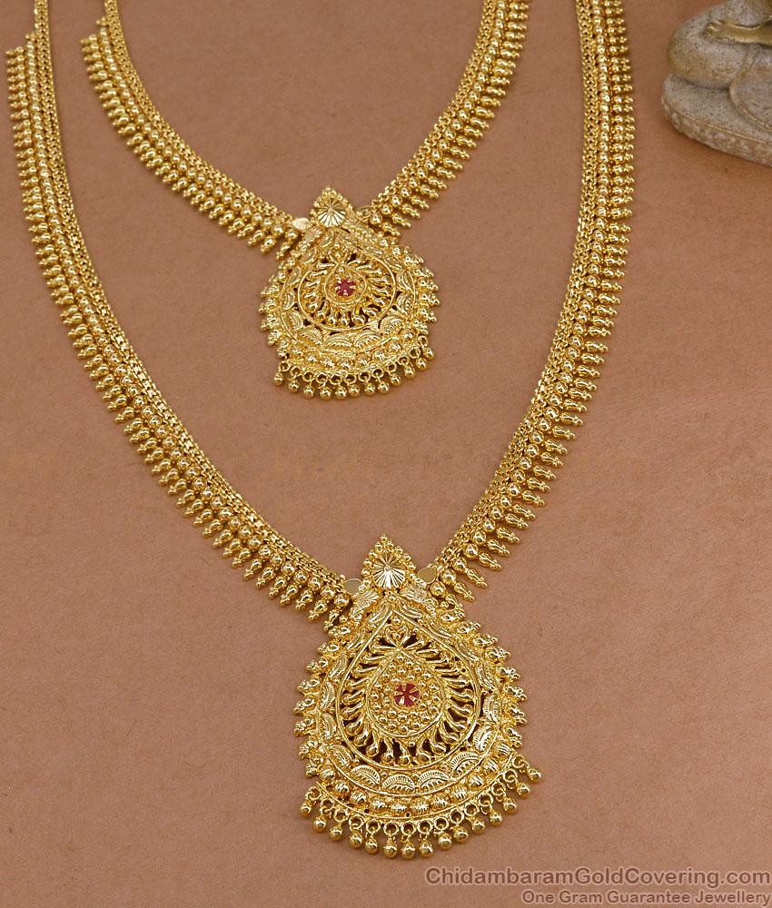Traditional Mullaipoo Design 1 Gram Gold Haram Necklace Set With Ruby Stone HR3739 Traditional Mullaipoo Design 1 Gram Gold Haram Necklace Set With Ruby Stone HR3739