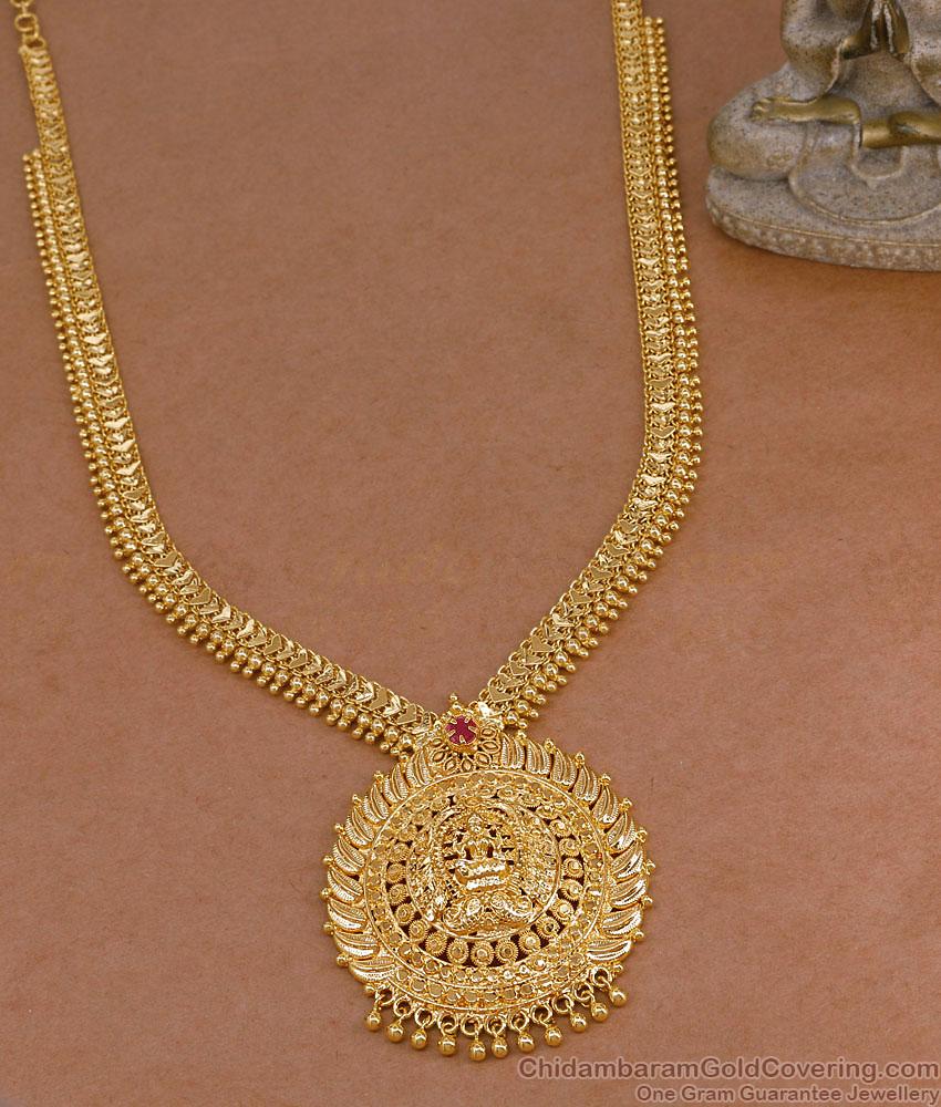 Single Ruby Stone Lakshmi Pendant Gold Imitation Haram Shop Online HR3783
