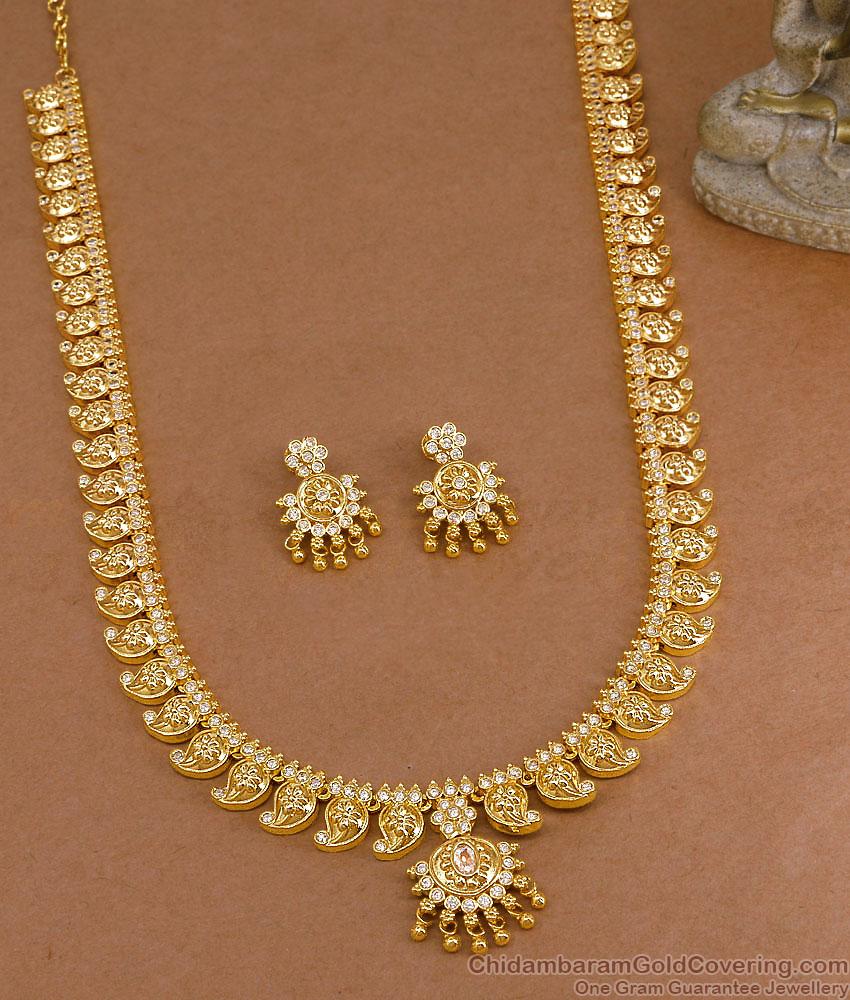 Premium Quality Gold Plated Long Mango Haram White Stone Design HR3787 Premium Quality Gold Plated Long Mango Haram White Stone Design HR3787