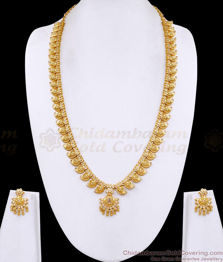 Premium Quality Gold Plated Long Mango Haram White Stone Design HR3787 Premium Quality Gold Plated Long Mango Haram White Stone Design HR3787