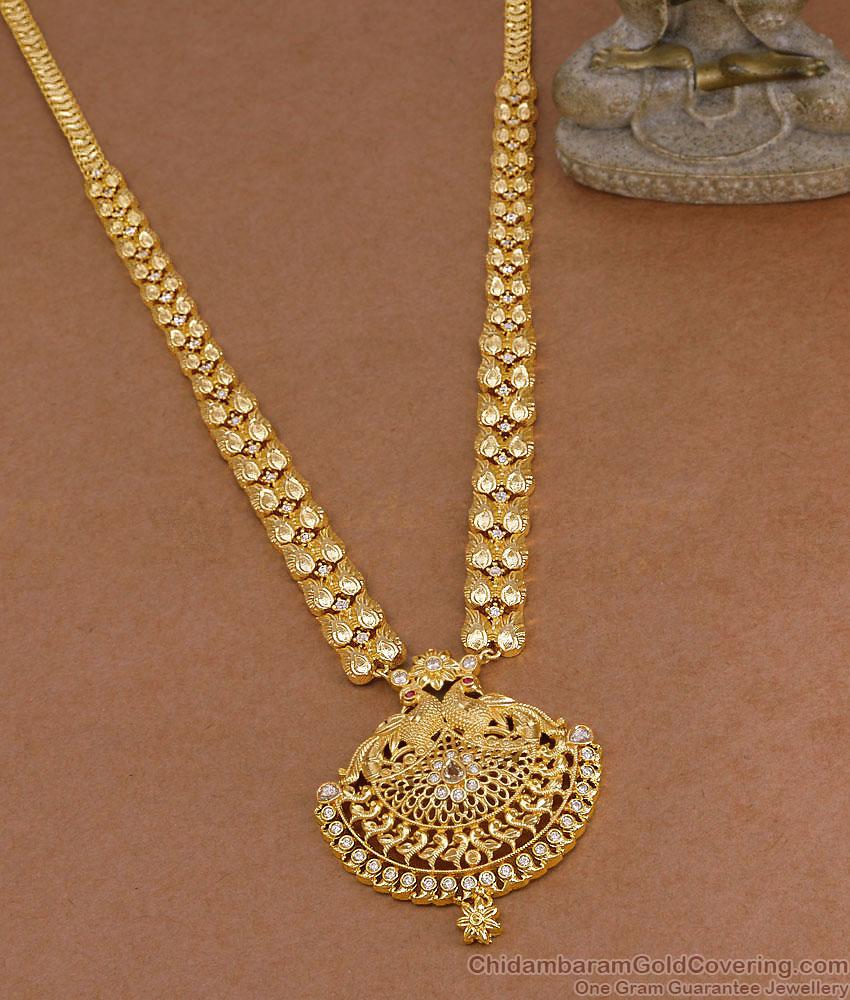 Latest White Stone Peacock Motif Gold Plated Mango Haram Online HR3799 Latest White Stone Peacock Motif Gold Plated Mango Haram Online HR3799