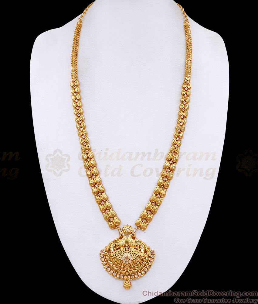 Latest White Stone Peacock Motif Gold Plated Mango Haram Online HR3799 Latest White Stone Peacock Motif Gold Plated Mango Haram Online HR3799