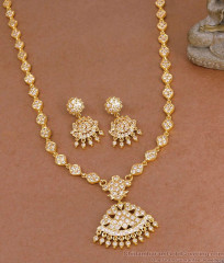 Traditional Impon White Stone Long Haram with Matching Jhumka Earrings Set HR3811