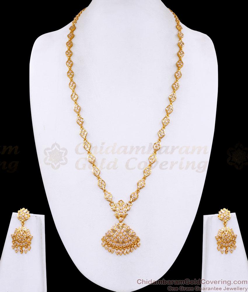 Traditional Impon White Stone Long Haram with Matching Jhumka Earrings Set HR3811 Traditional Impon White Stone Long Haram with Matching Jhumka Earrings Set HR3811