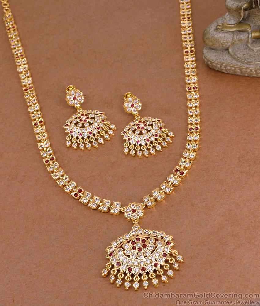 Premium Impon Ruby White Stone Long Haram Chandbali Earrings Set HR3812 Premium Impon Ruby White Stone Long Haram Chandbali Earrings Set HR3812